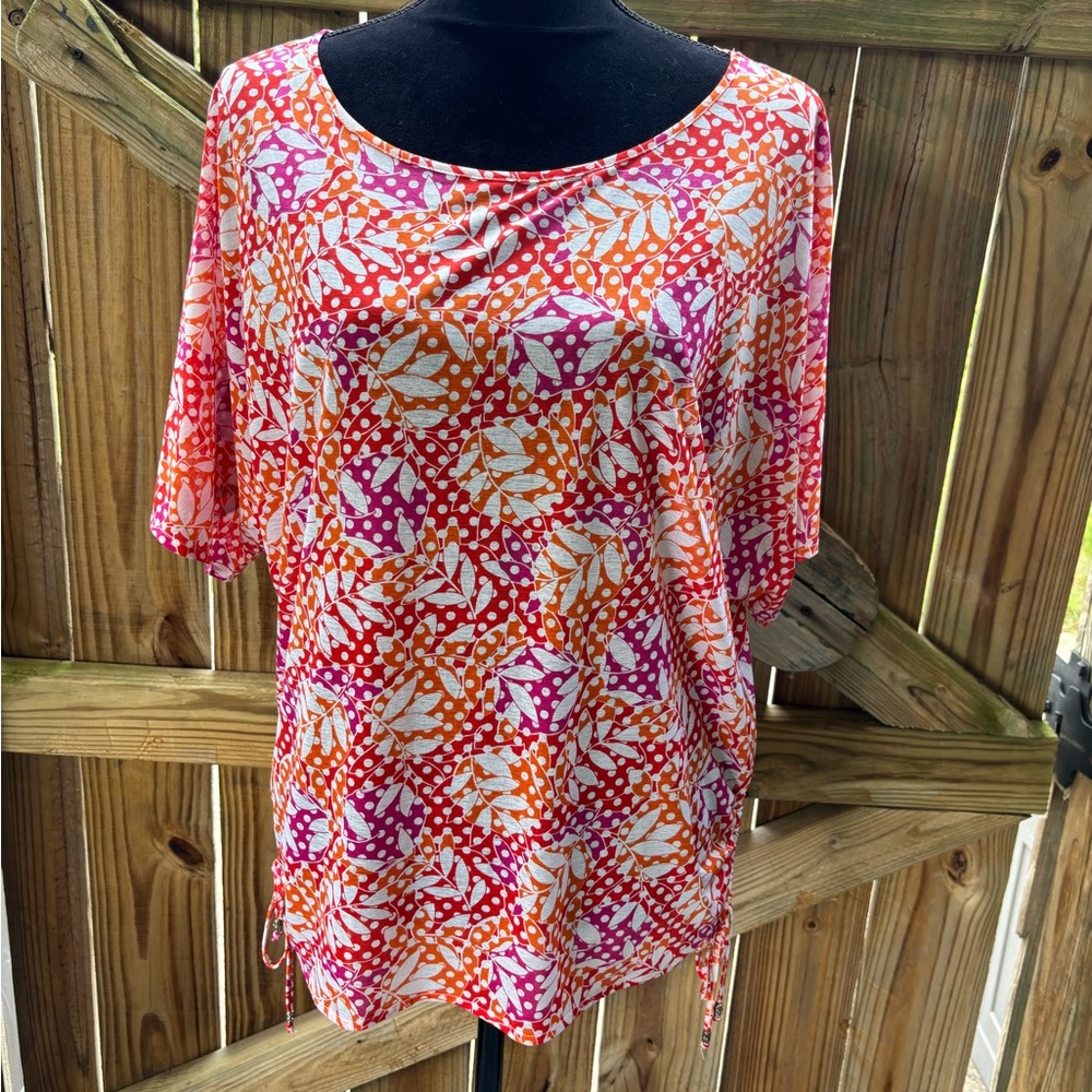 Rafaella Studio Orange & Pink Short Sleeve Blouse with Ruched Sides Size L